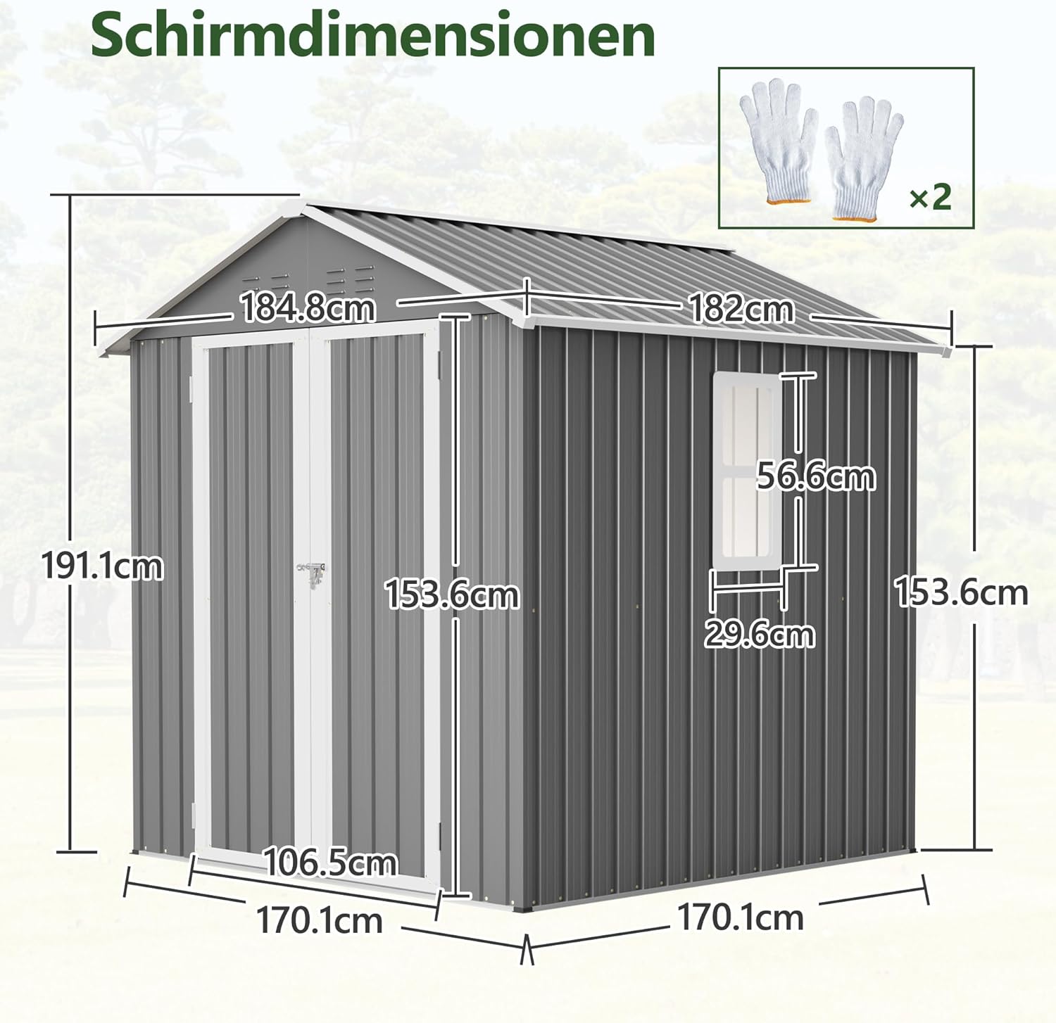 Metall Gerätehaus Gartenhaus 185x182x191cm, Geräteschuppen mit Fenster & Satteldach, wetterfest Gartenschuppen Inkl. Metallfundament (ohne Boden) für Outdoor Garten Terrasse, Grau