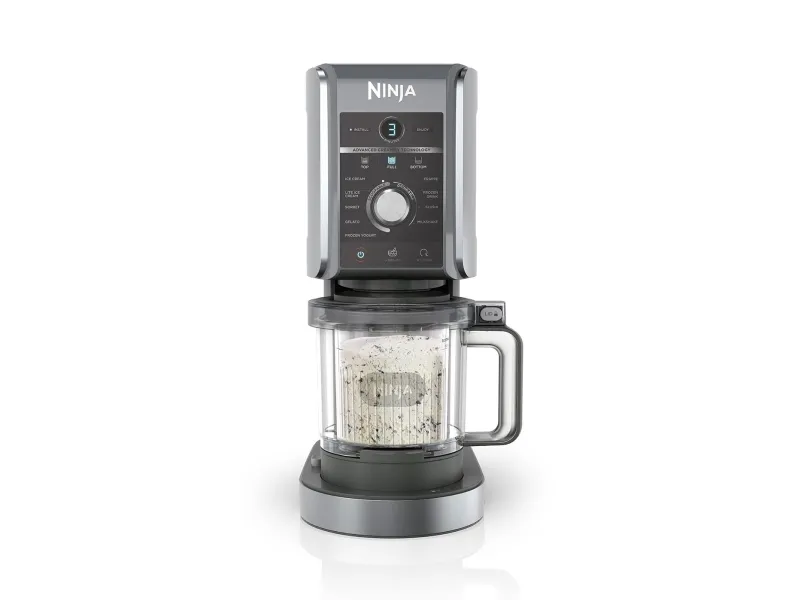 Ninja CREAMi Deluxe, Is-shake maskine, 2,1 L, 3 skåle, Sort, Grå, Knapper, Dreje, 305 mm
