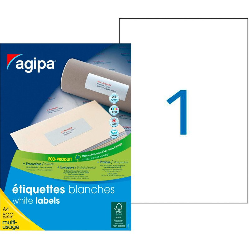 Etiquette adresse jet d'encre et laser 210 x 297 mm Agipa 100807 blanche - Boîte de 500