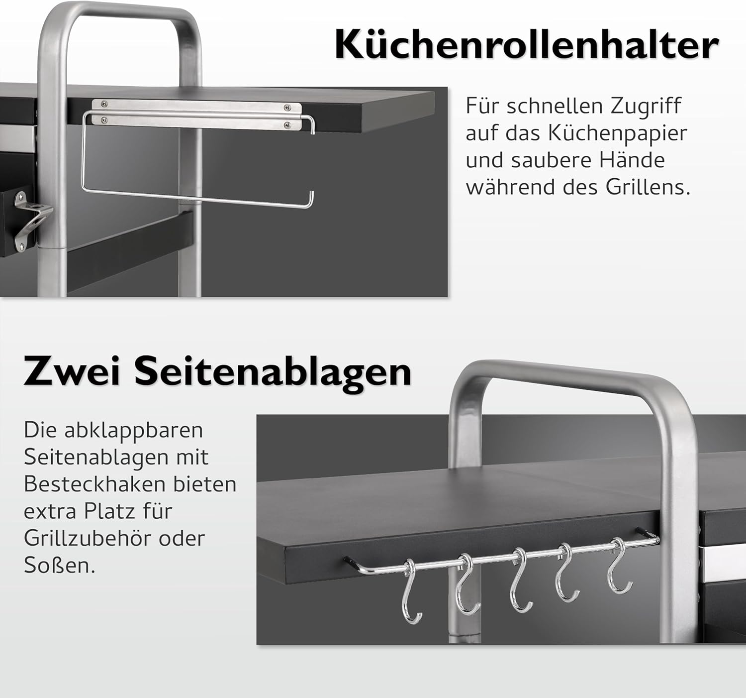 tepro Universal BBQ-Tisch, Grillwagen / Grilltisch Outdoor, Klappbar, Maße ca. 150,5 x 59,5 x 97,5 cm, Schwarz / Silber