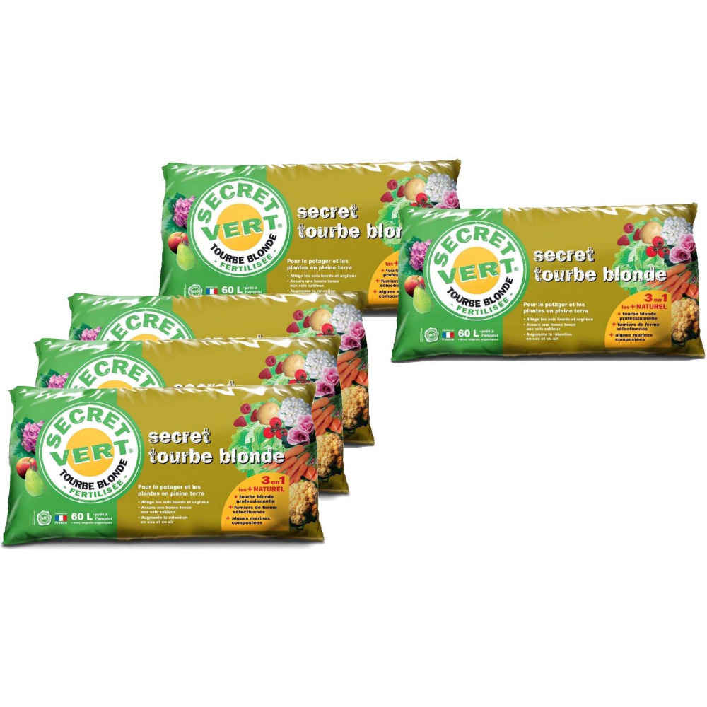 Tourbe blonde potager et plantes en pleine terre 60 litres (lot de 5)