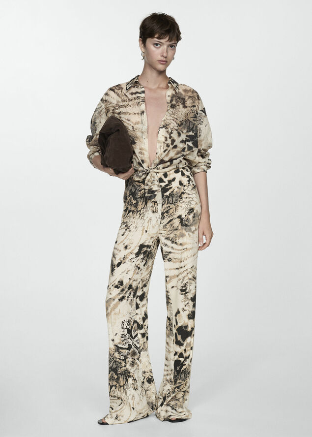 MANGO Fluid animal print trousers Light beige