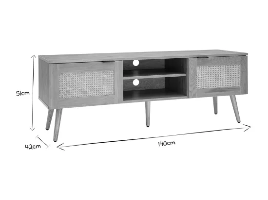 Meuble TV finition bois clair, cannage rotin et métal noir 2 portes L140 cm MANILLE