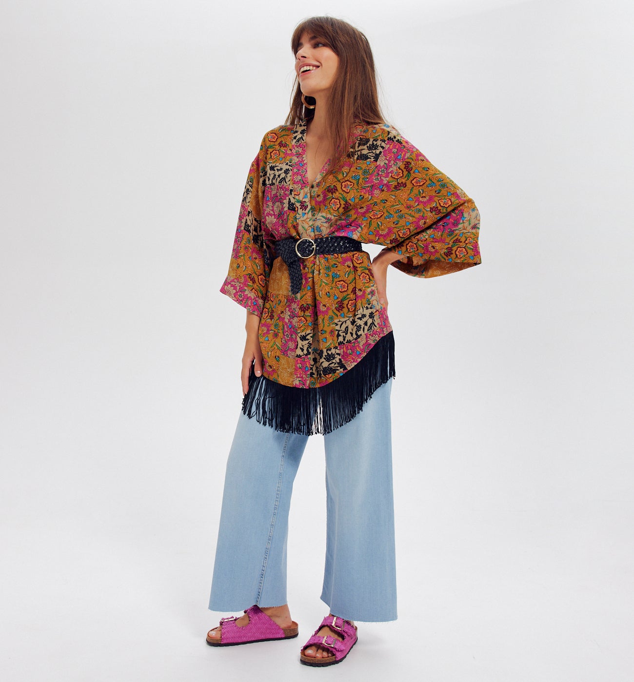 Kimono court à franges - Imprimé multicolore