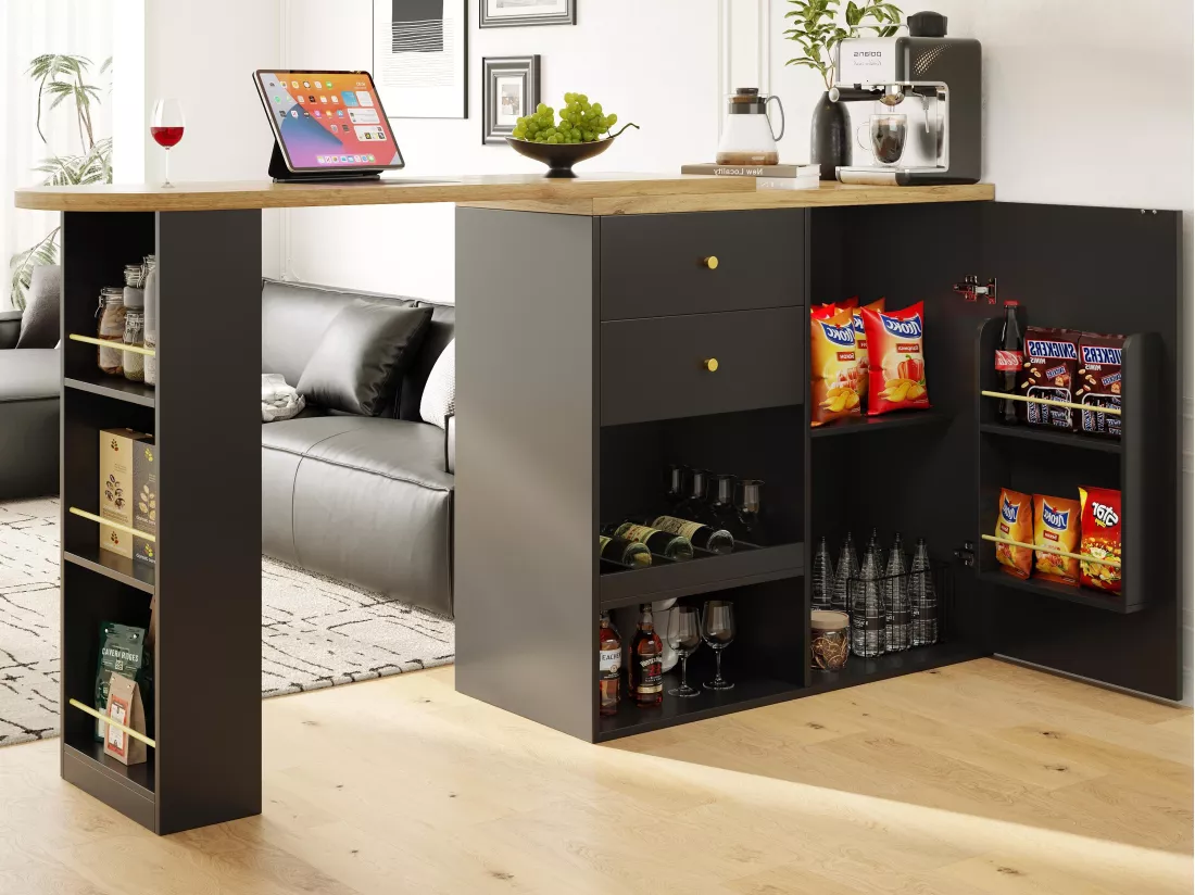 Buffet、Meuble de bar pivotant et escamotable - 2 tiroirs et 6 compartiments - Noir