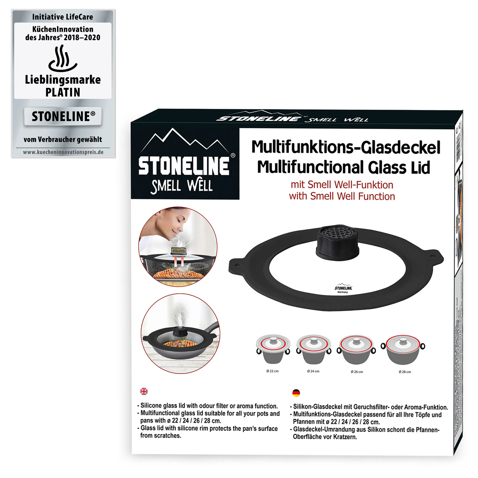 STONELINE® Smell Well Universal Glasdeckel für einen Durchmesser 22/24/26/28 cm, inkl. Nachfüll-Set