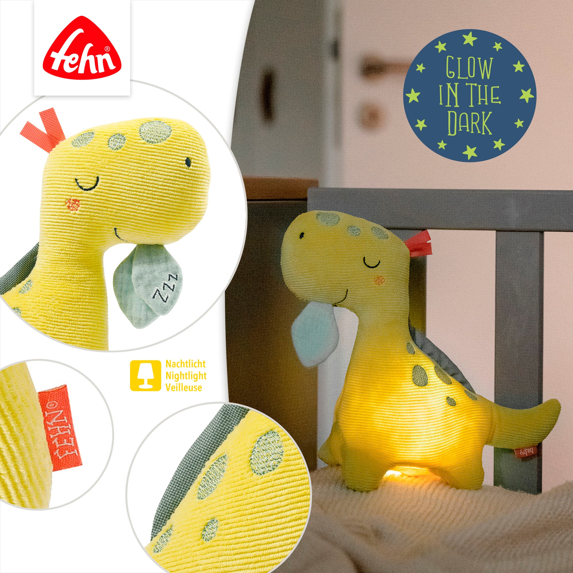 Fehn Kuscheltier »Happy Dino« mit »Glow-in-the-dark«-Bestickung & Nachtlicht-Modul