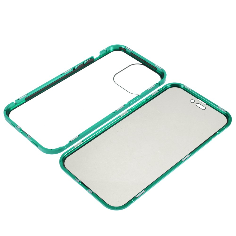 iPhone 14 Pro Magnetische Alu Schutzhülle mit Panzer Glas Backcover   Privacy Glas Displayschutz (Magnet-Technologie) - Grün