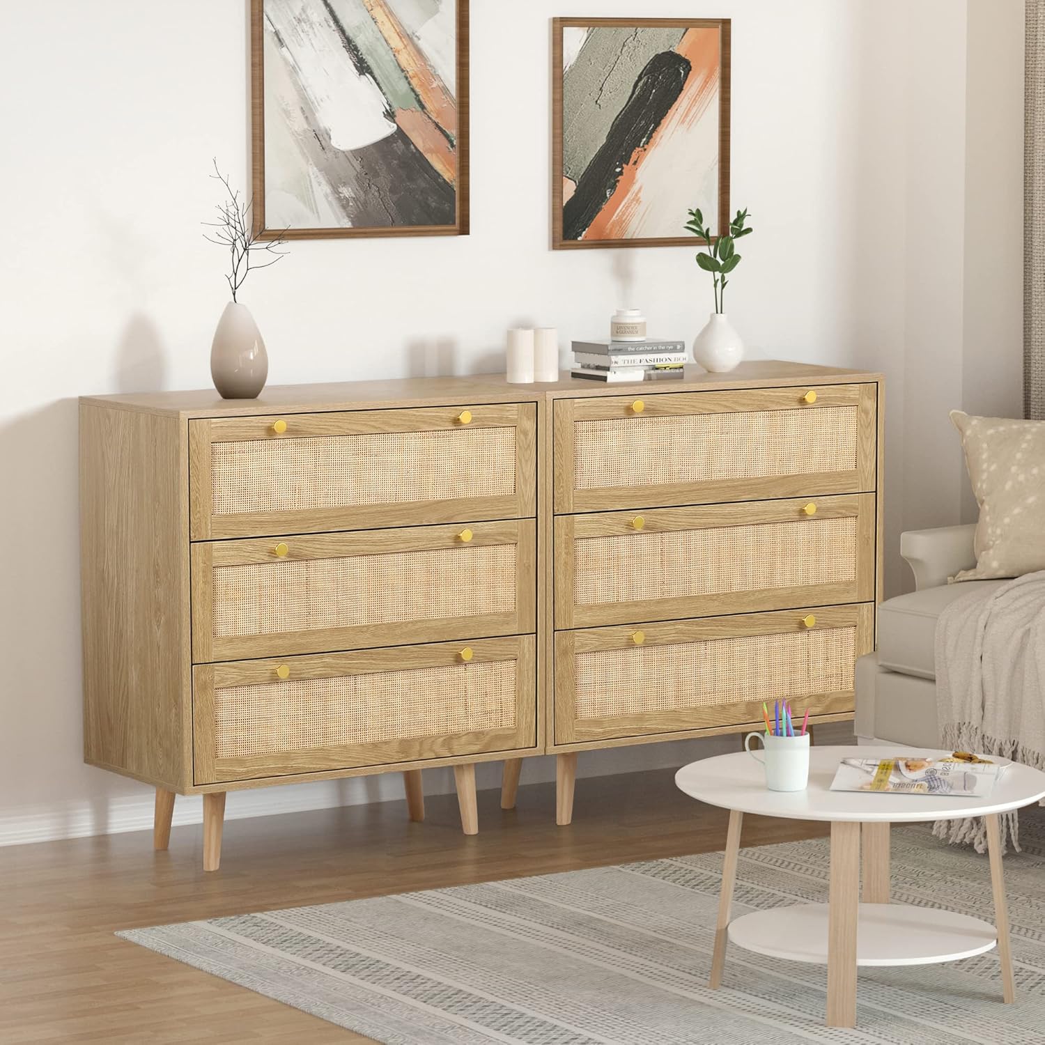 Natürliches Rattan Kommode Schlafzimmer, Kommode mit 3 Schubladen Eiche, Viel Stauraum, Holz Schubladenkommode für Schlafzimmer Wohnzimmer Flur Komodenschrank 80 x 40 x 91.4 cm