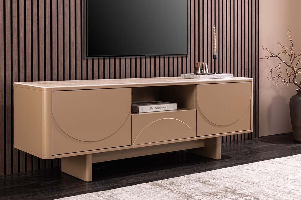 Design TV Board SAVOY 150cm grau beige greige Travertin Keramik mit Schublade 3D-Front