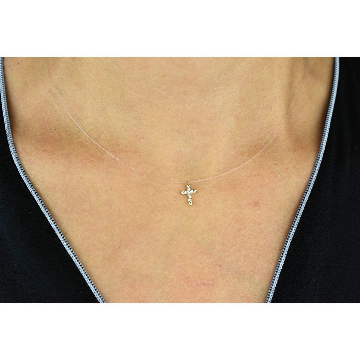 Collier croix d'oxydes de zirconium fil de nylon transparent Plaqué OR 750 3 microns