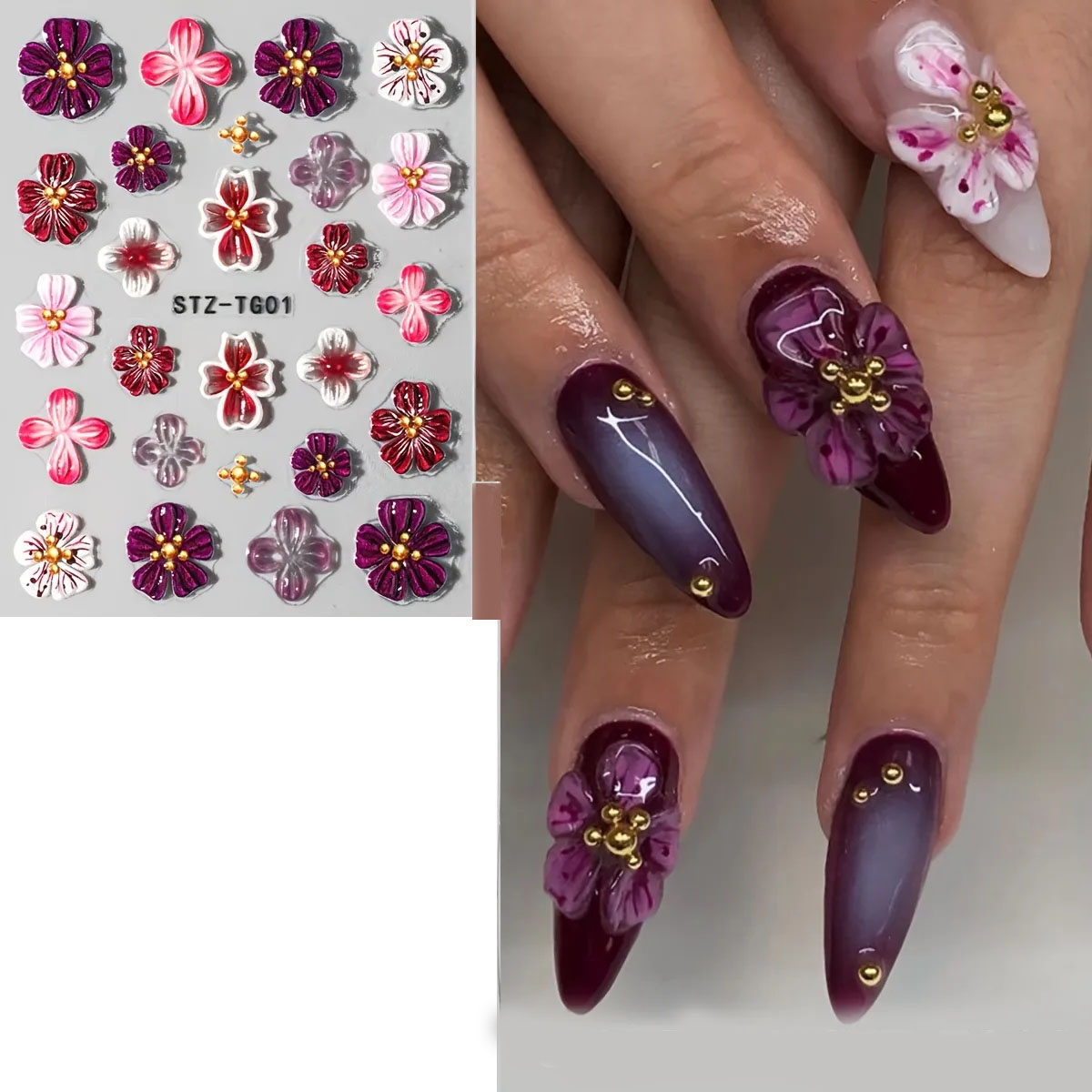 (26-tlg. Set) 5D Nagel Sticker Nail Art Tattoo Selbstklebende Aufkleber Blumen - Lila / Rosa