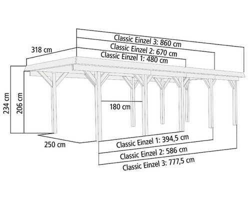 Enkele carport Karibu Dahnen 3 variant C 318x860 cm drukgeïmpregneerd