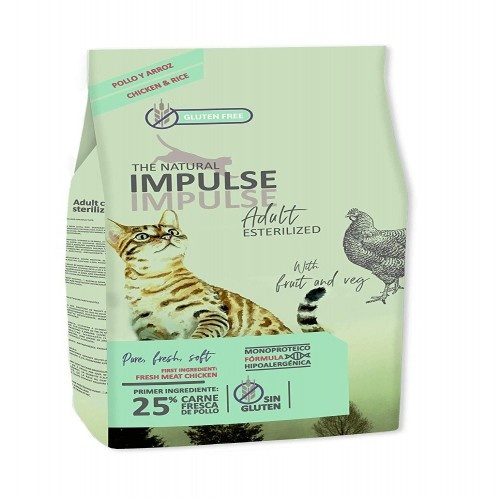 Ração para gatos Natural Impulse, esterilizada, sabor frango.