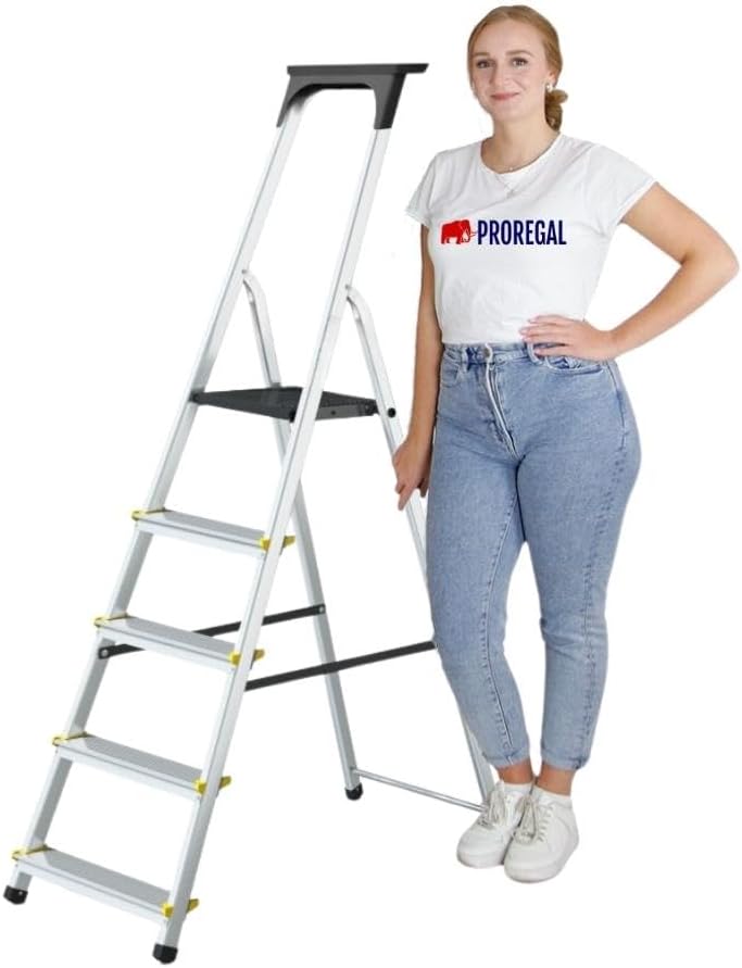 PROREGAL Trapladder met gereedschapsplank Economy Basic Enkelzijdige toegang 5 treden Werkhoogte 2,97 m Draagvermogen 150 kg