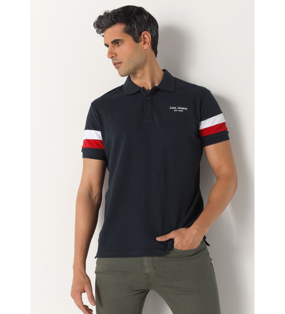 Polo Lois de manga curta com listras nas mangas azul marinho
