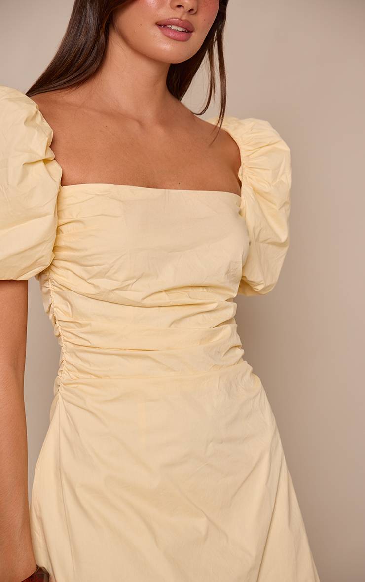Citron Robe Courte Tissée Encolure Droite Manches Bouffantes