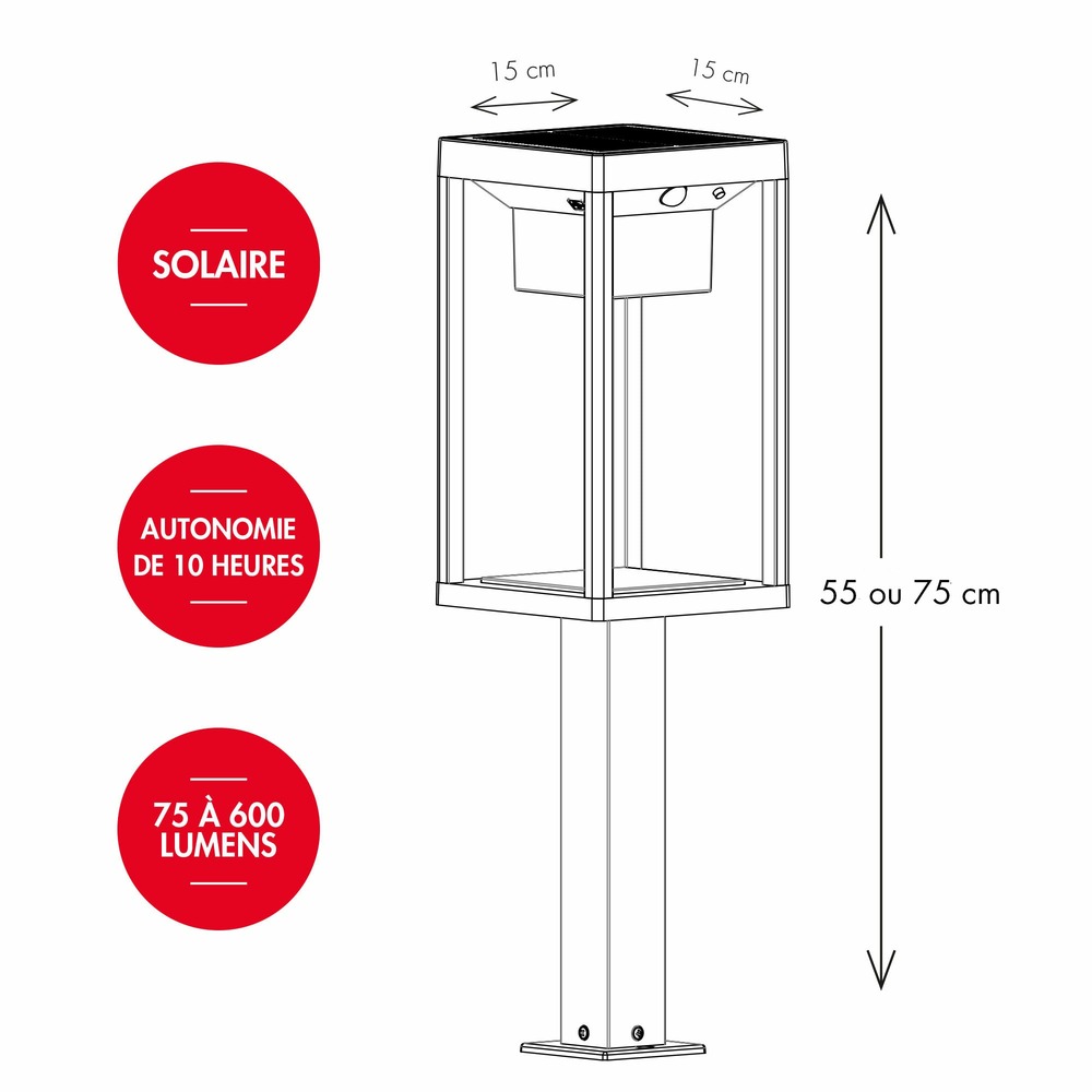 Balise solaire manhattan noire à détection - 600 lumens - 3 modes d'éclairage m - chromex