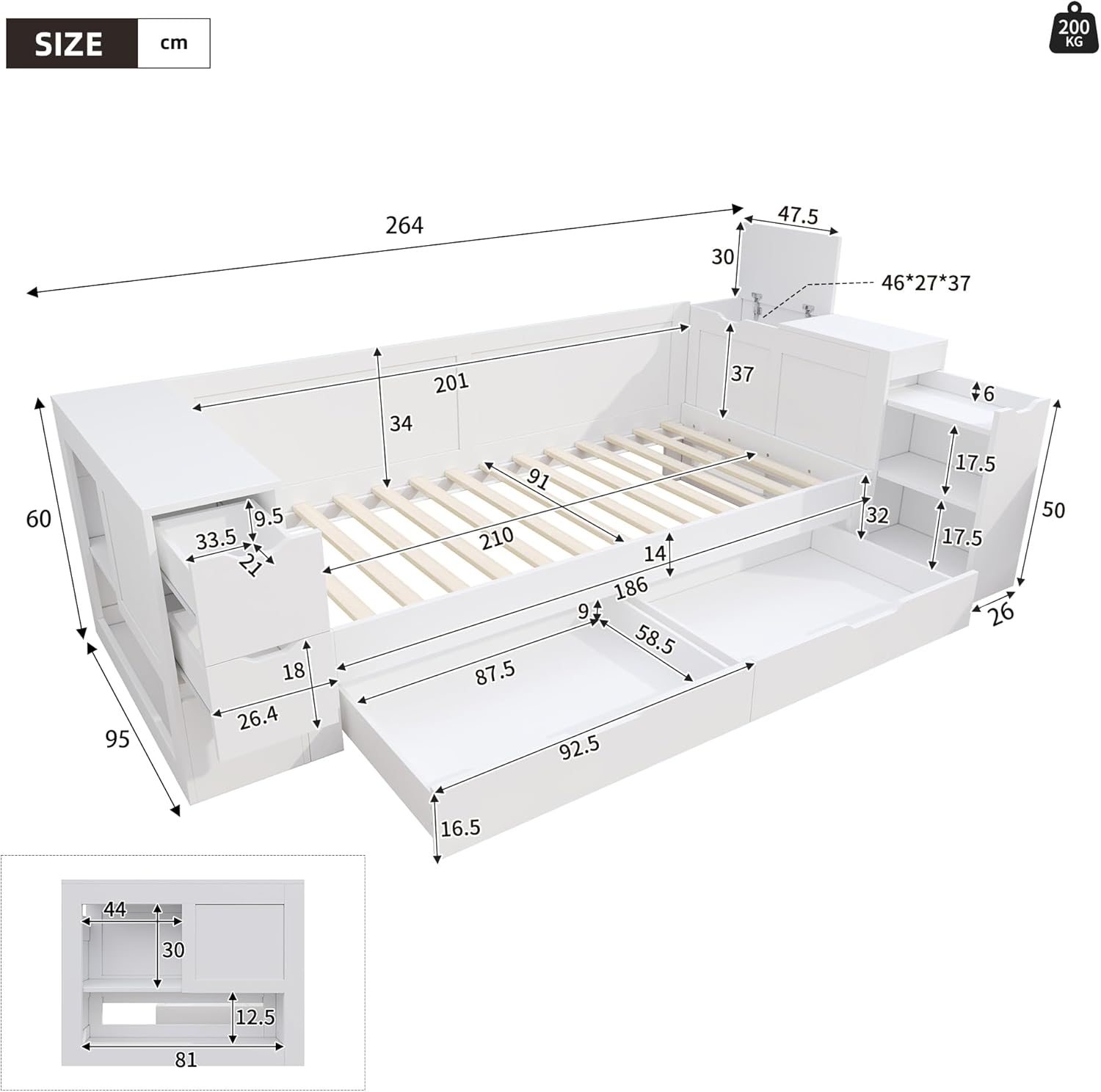 Kinderbett 90x200 cm, Einzelbett mit Regalen und Stauschrank, Stauraumbett mit Schubladen, Bettkasten mit Nachttischen, für Erwachsene und Jugendliche, Weiß, ohne Matratze