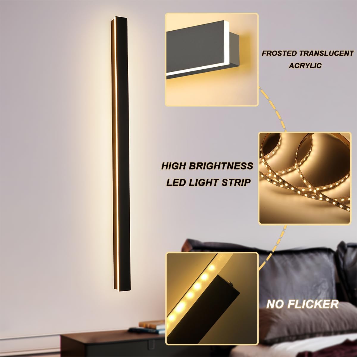 LED Wandleuchte Innen Dimmbar,38W Wandlampe mit Fernbedienung 2.4GHz,10-100% Helligkeitseinstellung Wandleuchte Schwarz für Schlafzimmer Wohnzimmer Korridor Treppenhaus,100CM 110-240V