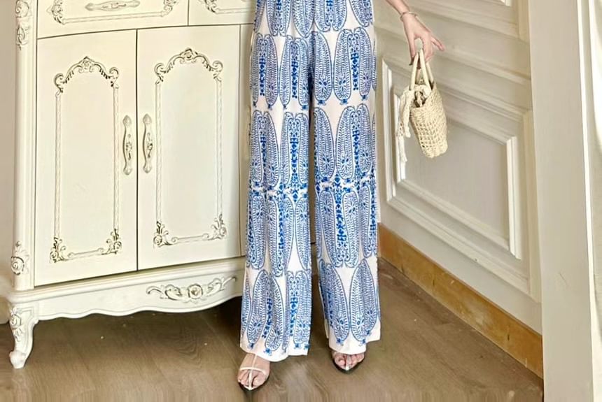 Yolandus - Jumpsuit met korte mouwen, opstaande kraag, paisleyprint en wijde pijpen
