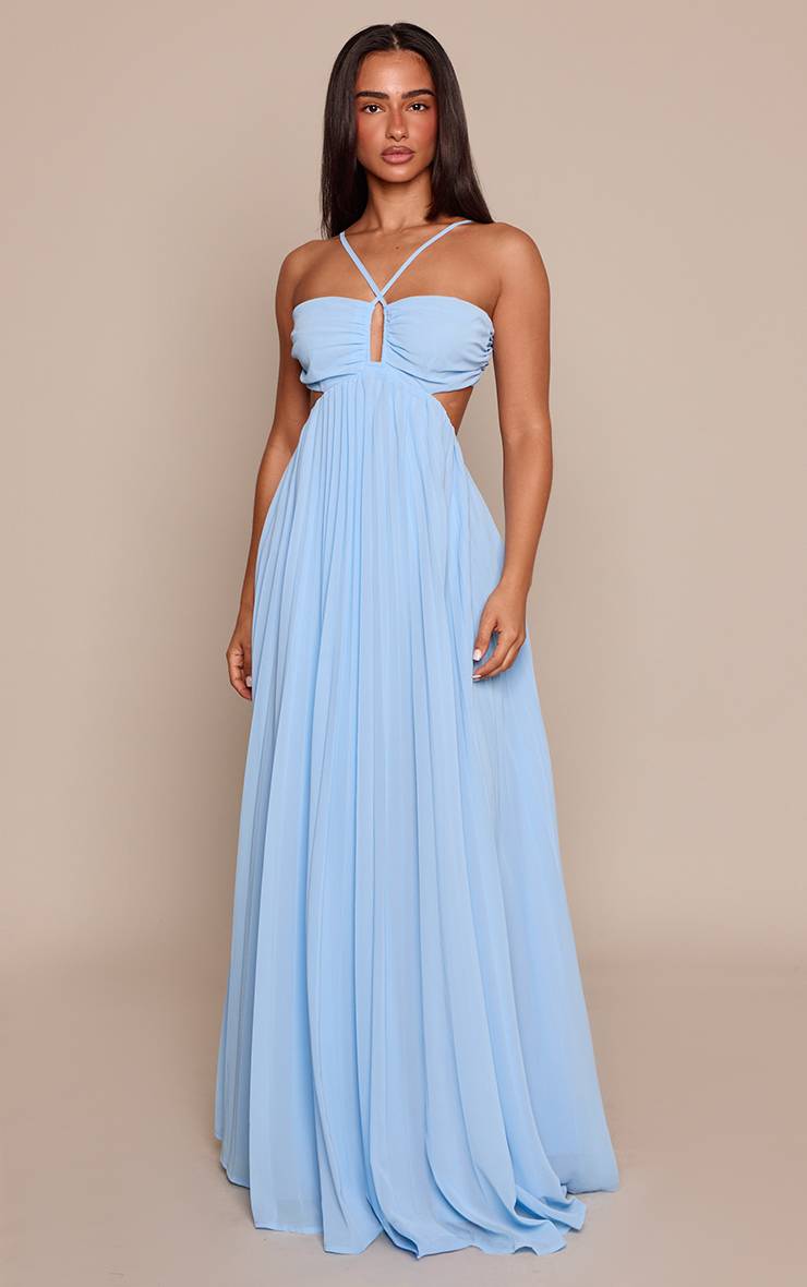 Bleu Robe Maxi Bandeau Petite Taille Avec Détails Plissés, Nœud Devant Et Découpe À La Taille