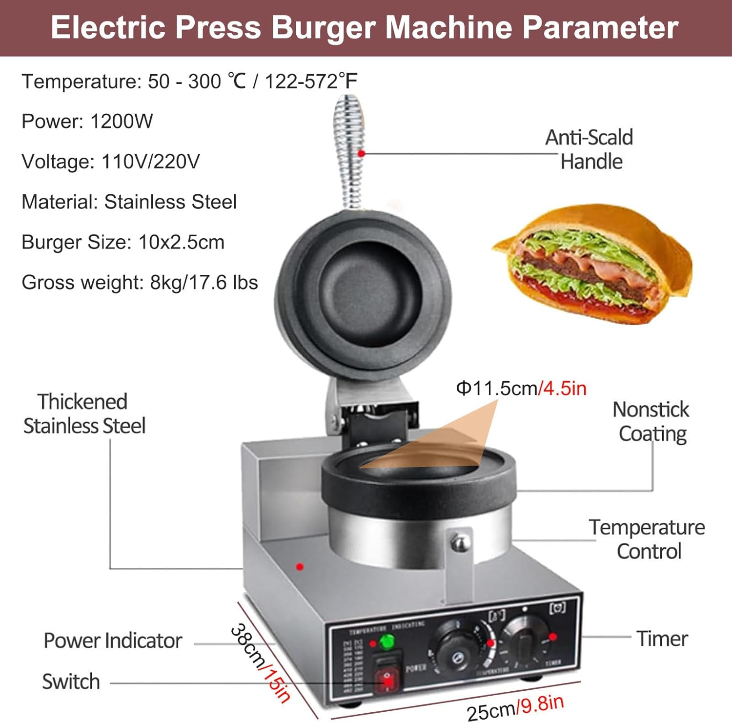 Elektrische UFO-Burger-Presse, kommerzielle Eisburger-Maschine für den Haushalt, 50-300 ℃ Antihaft-Pfanne, beidseitige Heizung