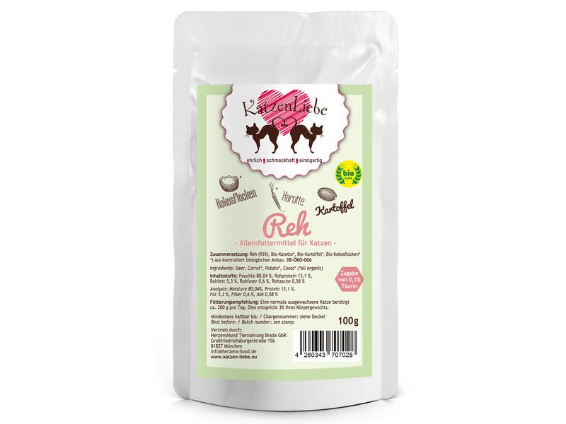 KatzenLiebe Nassfutter Reh mit Bio-Kartoffel, 100 g Premium Bio-Ergänzungsfuttermittel für erwachsene Katzen