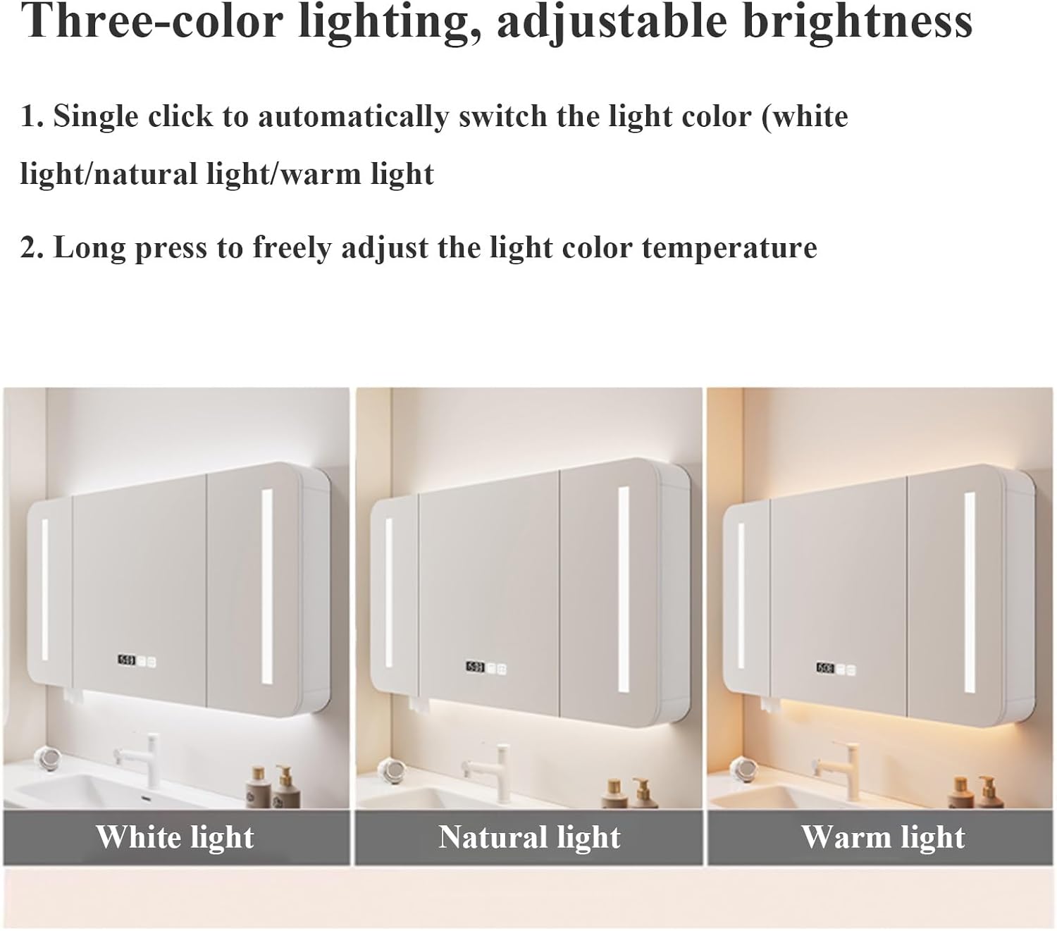 Beleuchtet Spiegelschrank Bad Wandschrank Modern 3 Farben Intelligenter Kosmetikspiegel Mit Stauraum LED-Uhr Antibeschlag Uhr- Und Temperaturanzeige/Touch-Schalter/Dimmer/Defogger(60cm)