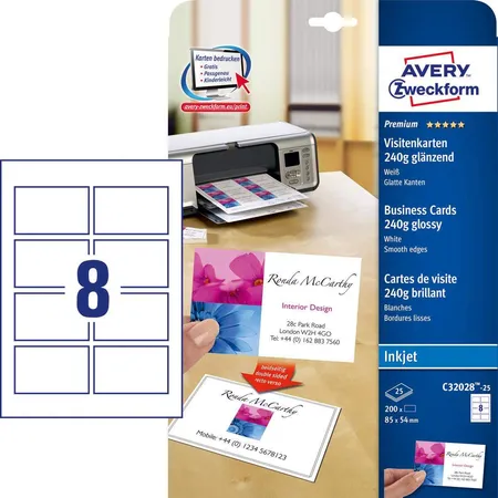 Avery Zweckform C32028-25 Premium Visitenkarten, 85 x 54 mm, beidseitig beschichtet, 200 Karten / 25 Bogen