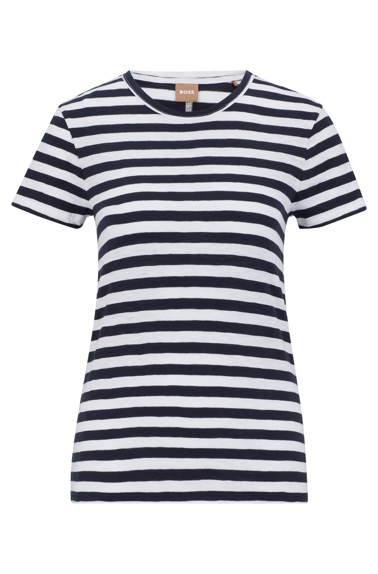 Camiseta BOSS preta de algodão texturizado com corte slim e listras horizontais.