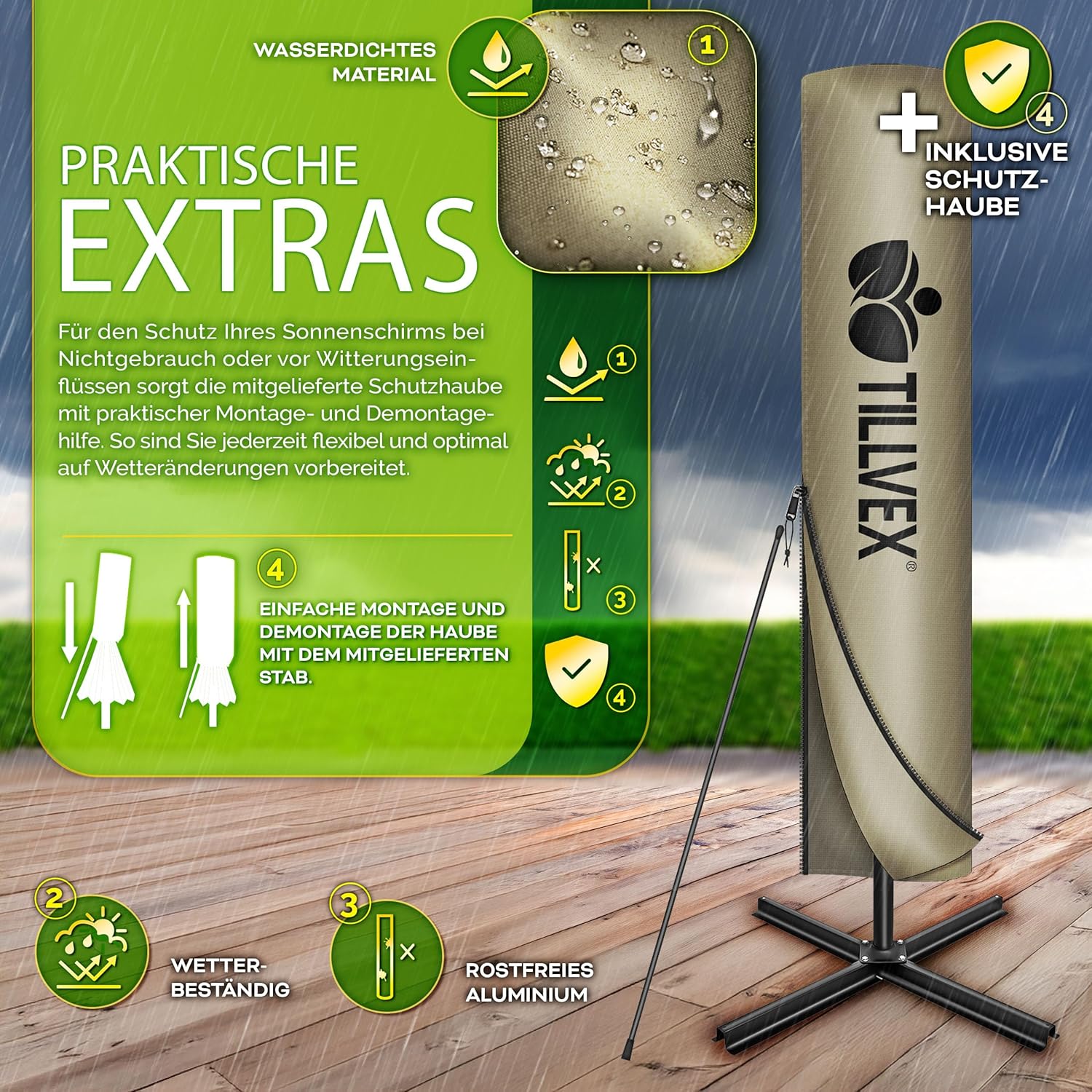 tillvex® Alu Sonnenschirm Rechteckig Ø 330 cm + Abdeckung mit Kurbel | Ampelschirm Eckig mit Ständer & Windschutz | Gartenschirm UV-Schutz Aluminium | Kurbelschirm Marktschirm wasserdicht 360° drehbar