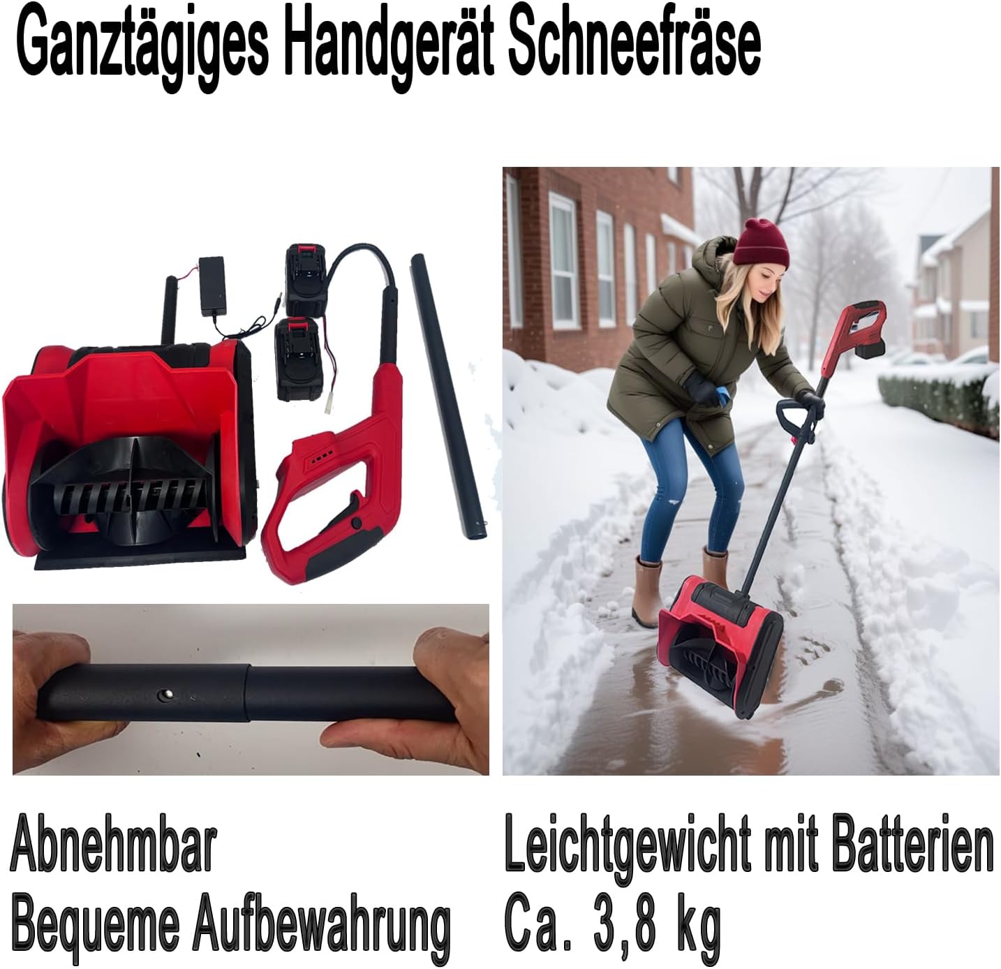 Hooha Akku-Schneefräse Kein Benzingeruch Handlich Leicht zu warten Abnehmbar Schneefräsen Kabellose Snow Removal Shovel | 8m Wurfweite | Arbeitsbreite 32 cm | Schneehöhe 15cm | 21V 2.0Ah x 2 Akkus