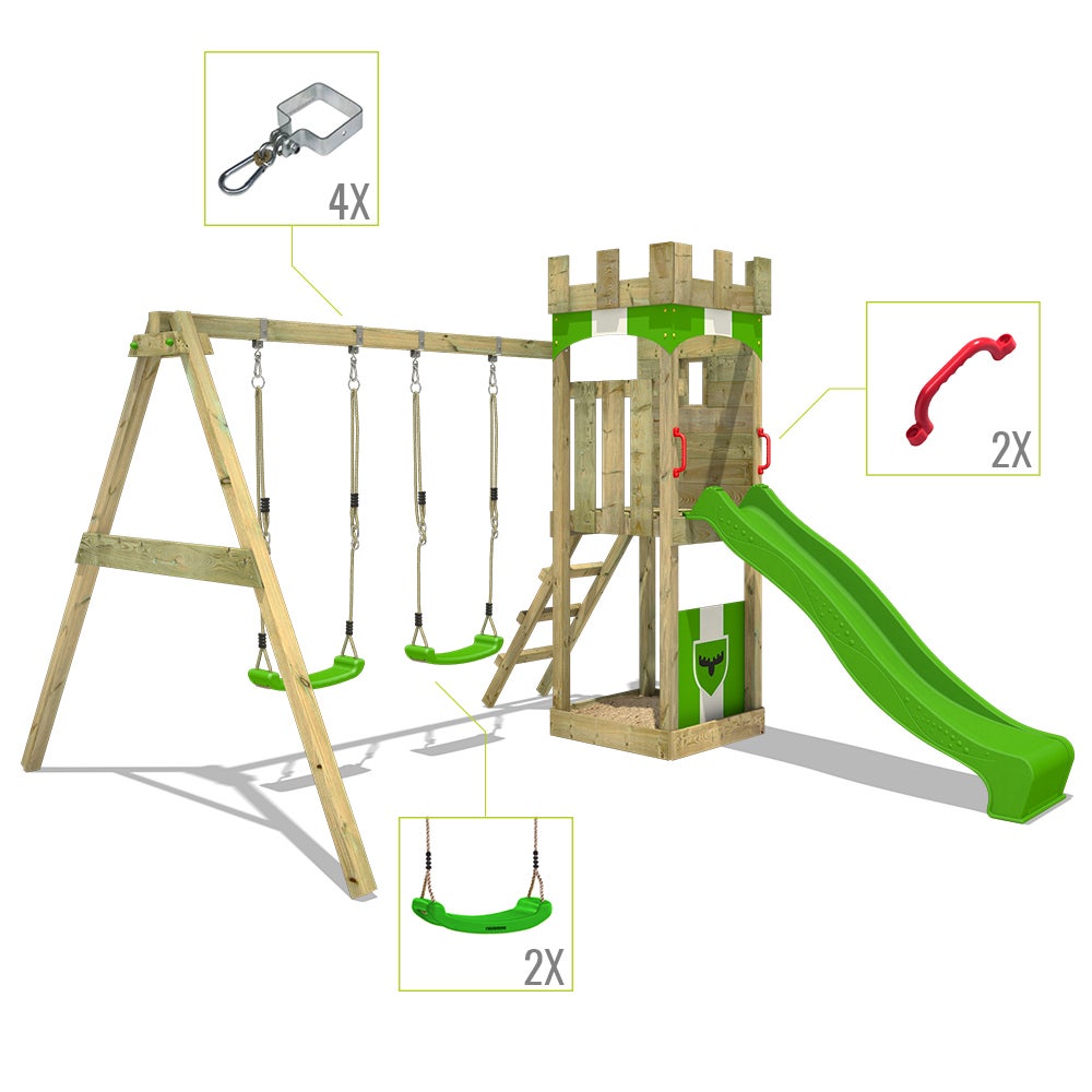 FATMOOSE TreasureTower speeltoren klimtoestel met schommel en glijbaan, klimtoren met zandbak, ladder en speelaccessoires - appelgroen
