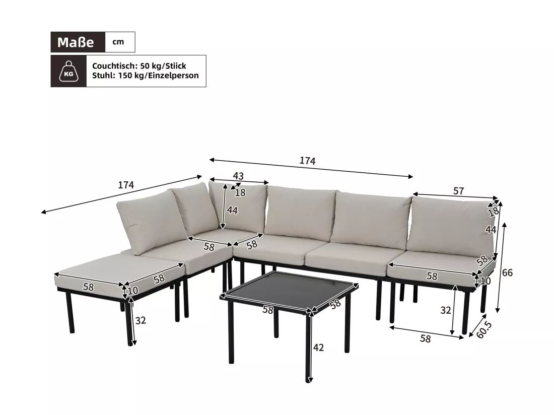 Salon de jardin modulable 6 places en acier galvanisé : 1 canapé 2 places + 1 canapé 2 places + 1 tabouret + 1 table basse carrée - Beige
