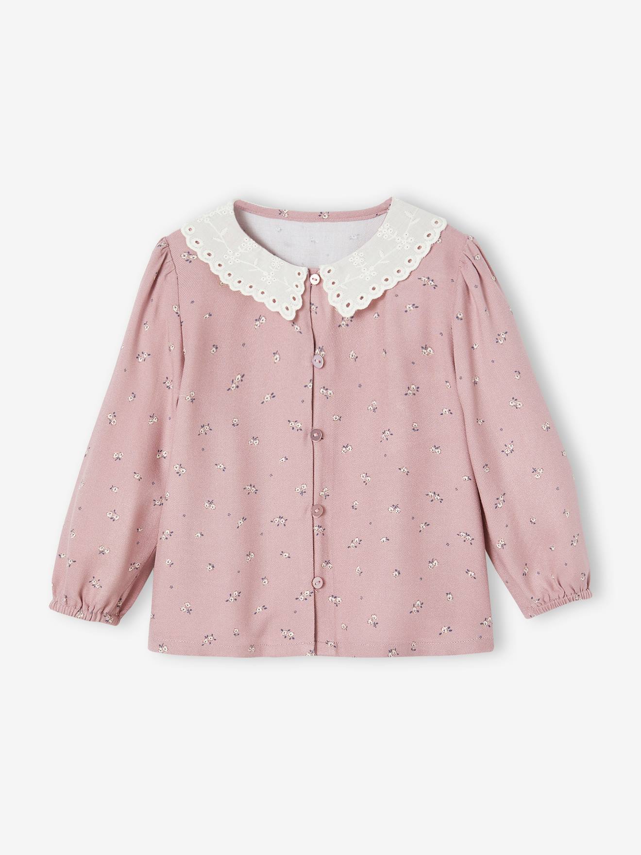 Blusa estampada com gola bordada para bebê na cor rosa antigo.