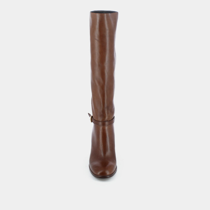 Bottes à talons et boucles dorées  en cuir cognac