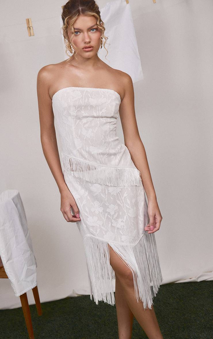 Blanc Ensemble Coordonné Jupe Asymétrique À Franges Texturée Motif Floral