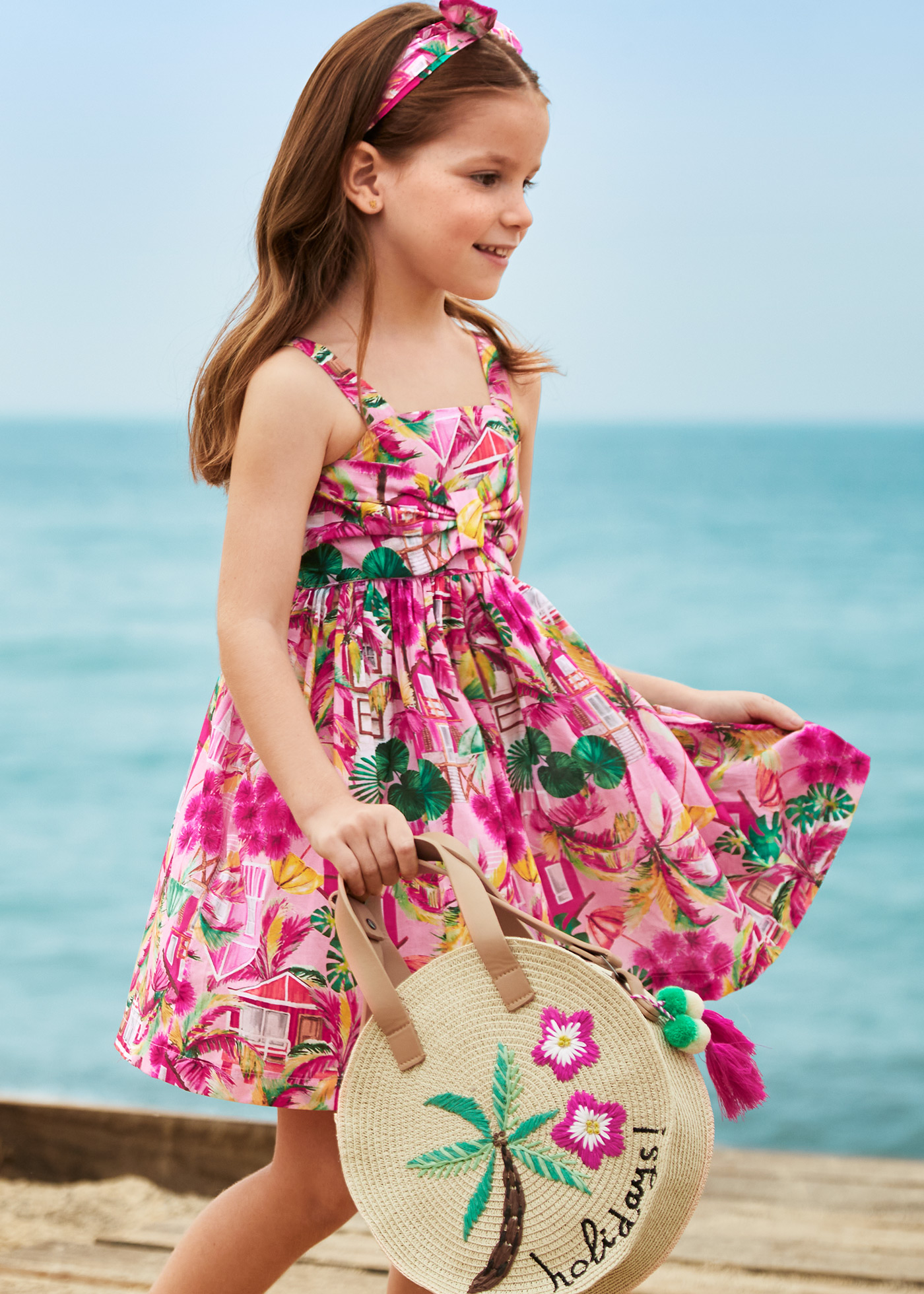 Vestido estampado com faixa de cabelo elástica de algodão para meninas