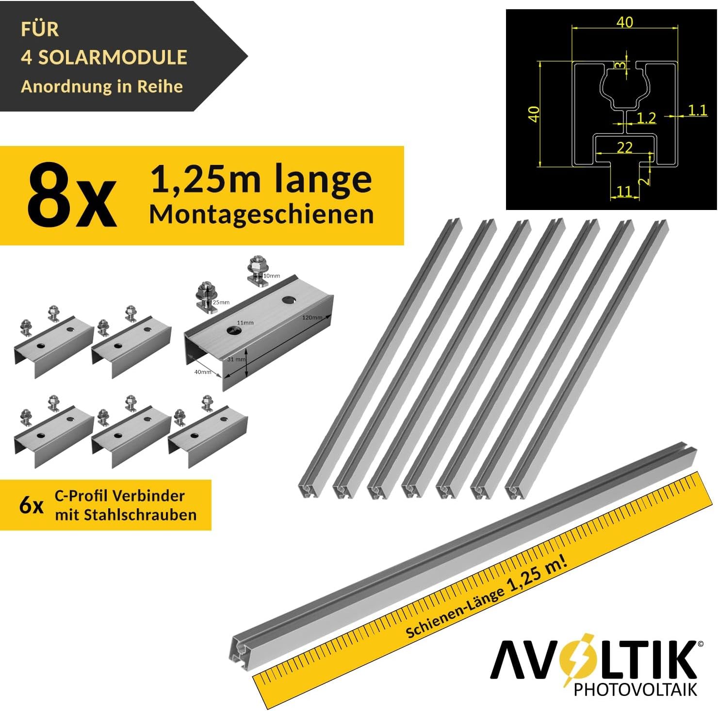 Solar Halterung Ziegeldach I Set für 4 PV Module 30-45mm I Solarmodul Halterung Balkonkraftwerk I Solarmodulbefestigungsset für Ziegeldächer aus Edelstahl 1.4301 I PV-Halterung Montageset