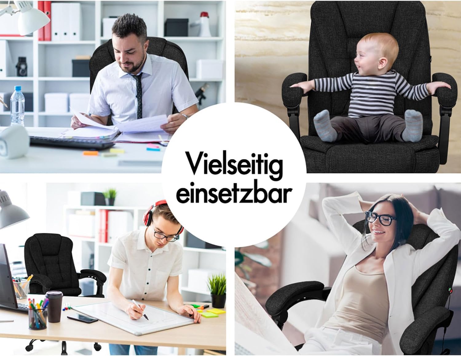 ALFORDSON Chair Bürostuhl, Computer-Schreibtischstuhl, Gaming-Drehstuhl für Computer-Arbeitstisch, ergonomisches Hochlehnerkissen, Lordosenstütze mit Rollen, Leinen, Schwarz