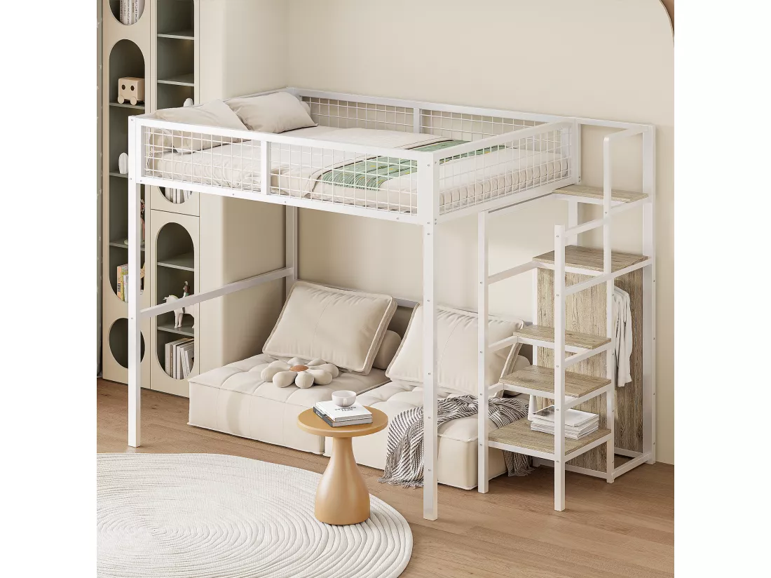 Lit mezzanine 140 x 200 cm avec armoire ouverte et échelle - structure en métal - blanc