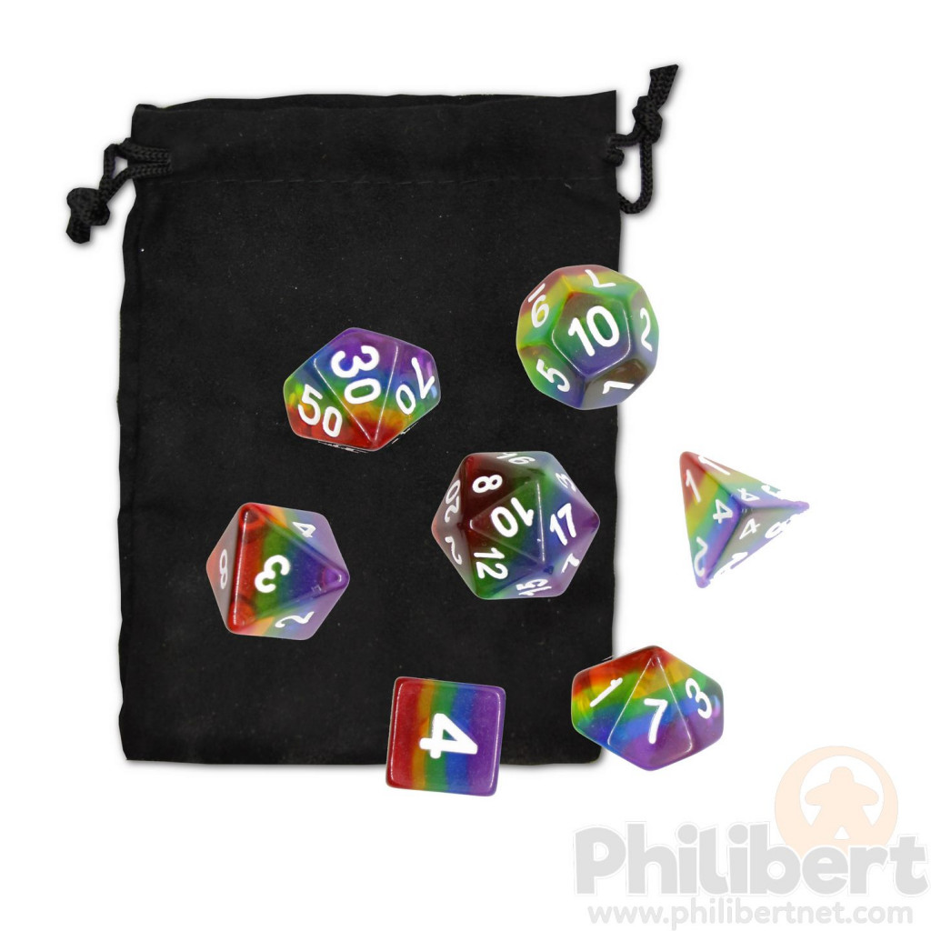 Set de dés JDR - Transparent - Arc en Ciel et Blanc