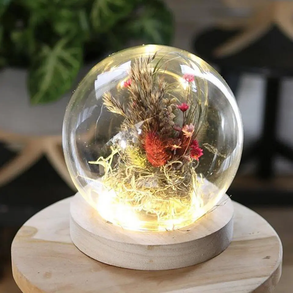 Ideas 4 Seasons Stolp - glas - houten plateau - LED - D13 x H13 cm