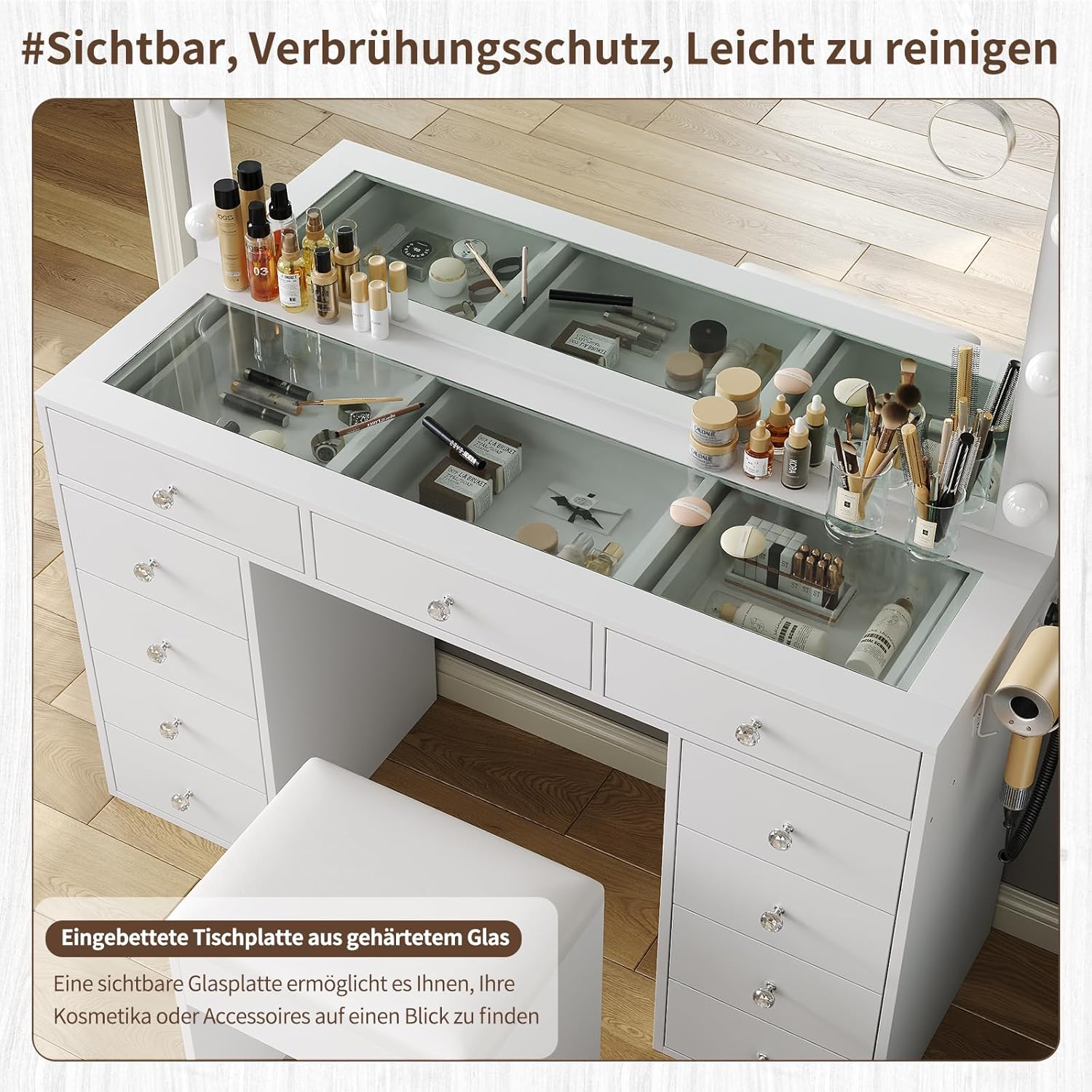 Schminktisch mit Beleuchtung und Spiegel, 11 Schubladen, Glasplatte, 12 LED-Lampen, 3 Lichtmodi, Schminktisch mit Hocker & Steckdose, Make-up Tisch für Schlafzimmer & Ankleidezimmer