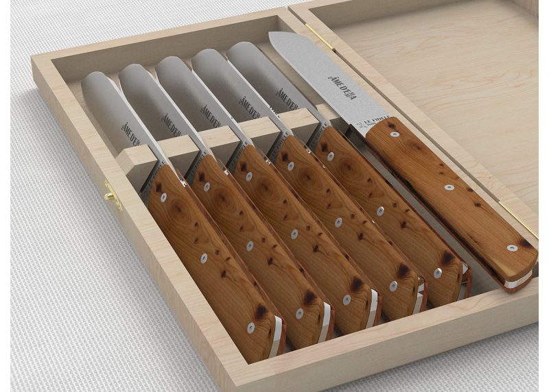 Service de 6 couteaux de table avec un manche en bois de genévrier et lame en acier inoxydable