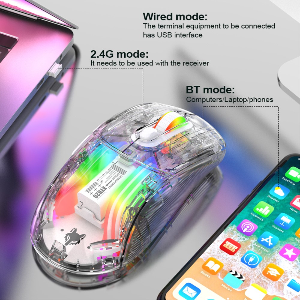 2.4GHz / Bluetooth 5.0 Wireless Gaming Maus 2400 DPI mit Akku (500 mAh) / 7 Tasten und RGB - Transparent