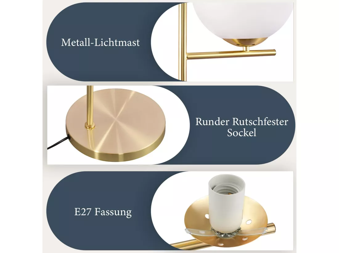 NETTLIFE Lampadaire doré industriel avec interrupteur au pied, design métallique en verre blanc, lampe sur pied E27 vintage, câble de 2 mètres