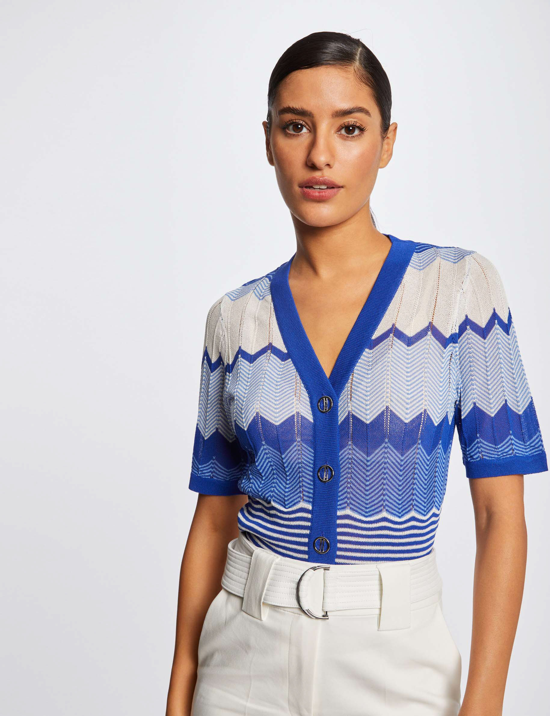 Pull manches courtes imprimé chevron bleu moyen femme - bleu_moyen