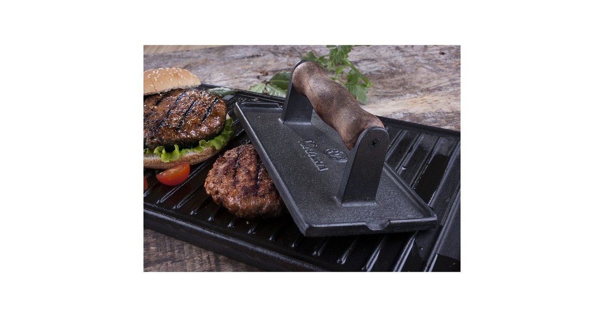 VictoriaGietijzeren bacon en vlees pers met houten handvat, seasoned  (21 x 11 cm)